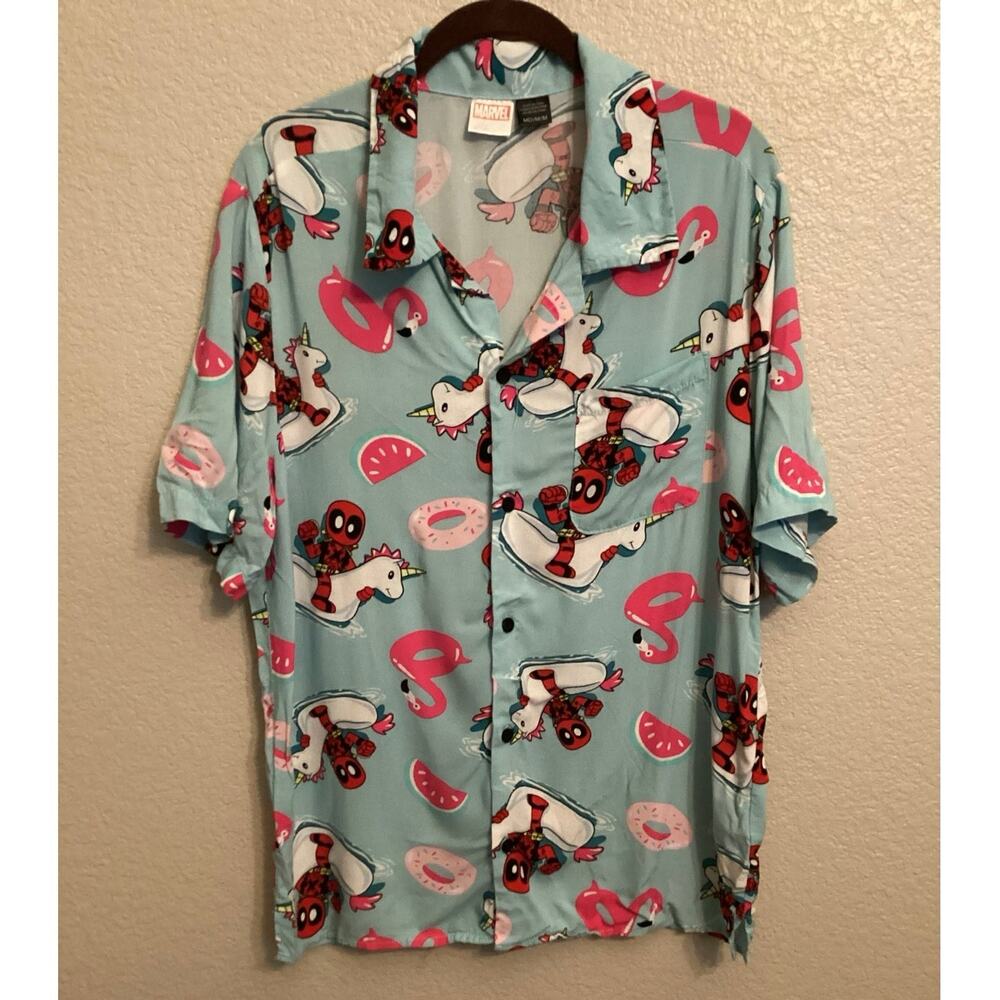 Marvel Disney Deadpool Men's Unisex Rayon Button Up Summer Shirt M